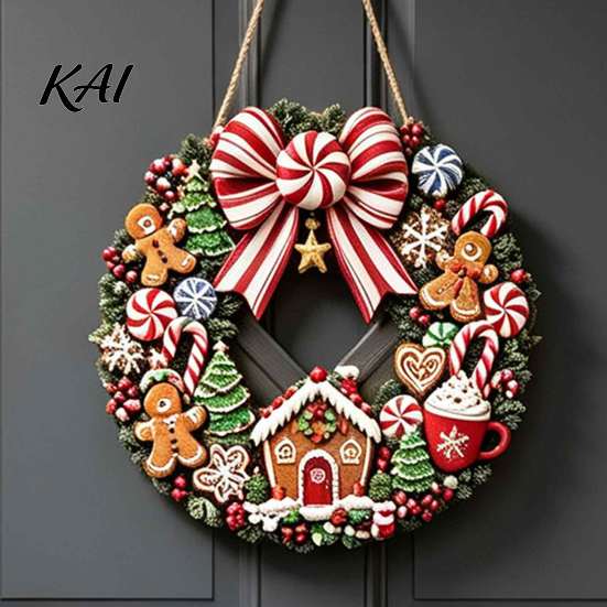 Seasonal Front Door Decor Gingerbread Man Wreath Wooden Sign for Door, Retro Christmas Hanging Plaque with Tree Candy Cane Bow And House Pattern