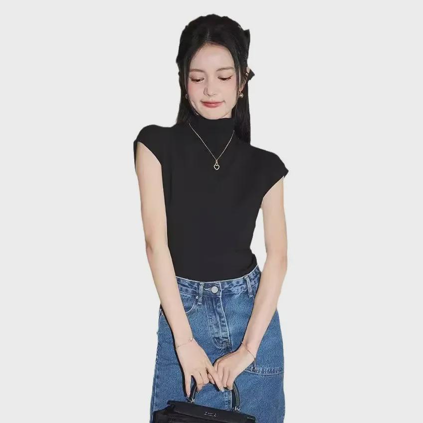 2025 Женская облегающая повседневная футболка с коротким рукавом и высоким воротником