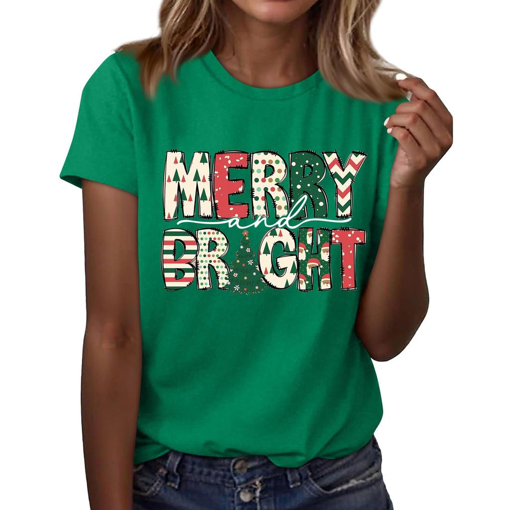 Women's Fashion Casual Christmas Printed Short Sleeve Loose Round Neck Pullover Top