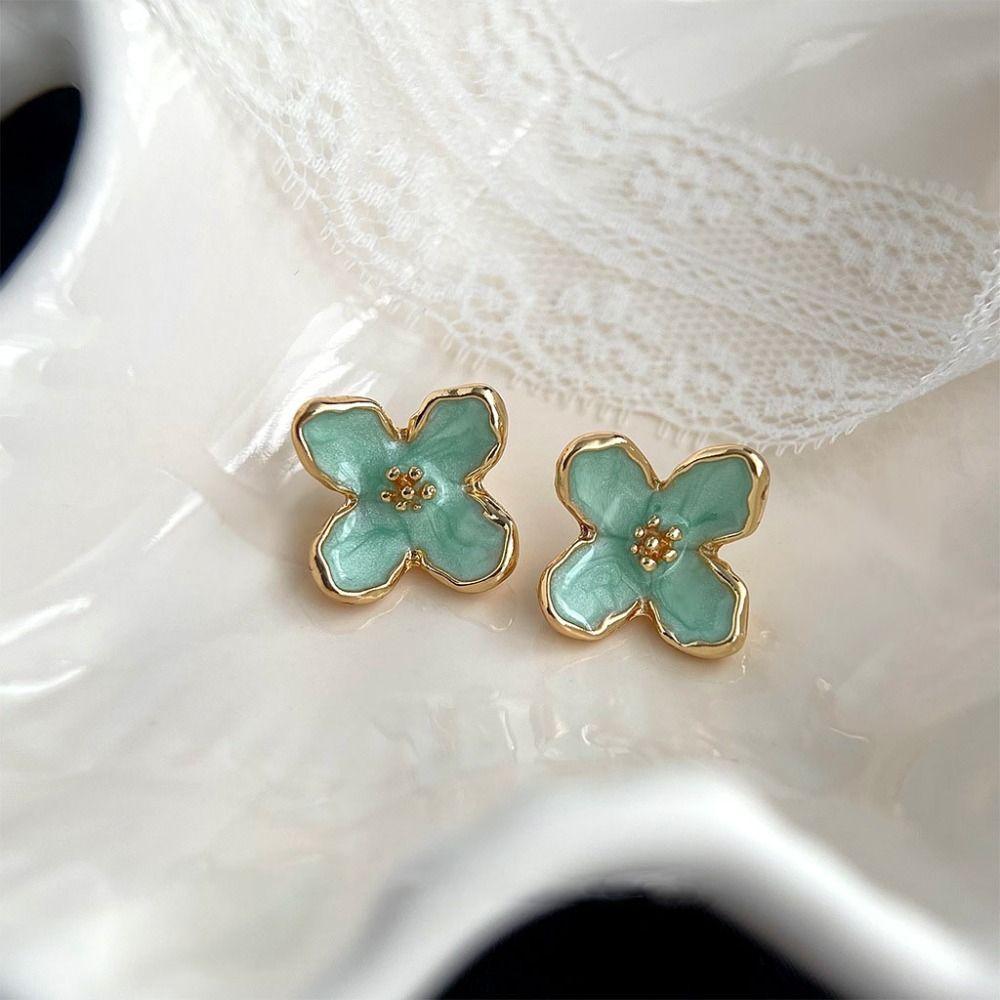 Fashion Mint Green Stud Earrings Temperament Flower Earrings Personality Chic Jewelry  French Style