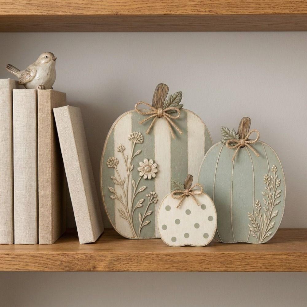 3 pcs Autumn Harvest Wooden Pumpkin Ornaments Dots Flower Tabletop Ornament Thanksgiving