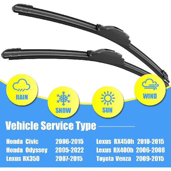 Gavimnal® 26"+22" Silicone Wiper Blades Replacement For Toyota Venza 2009-2015 Honda Civic 2006-2015 Odyssey 2005- Lexus RX350 2007-2015,All-Season