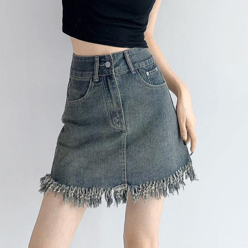 UniqueRaw Edge Package Hip A-line Bustier Skirt Retro Design Sense Tassel High-waisted Peplum Short Skirt Ladies Summer Fashion Denim Short Skirt
