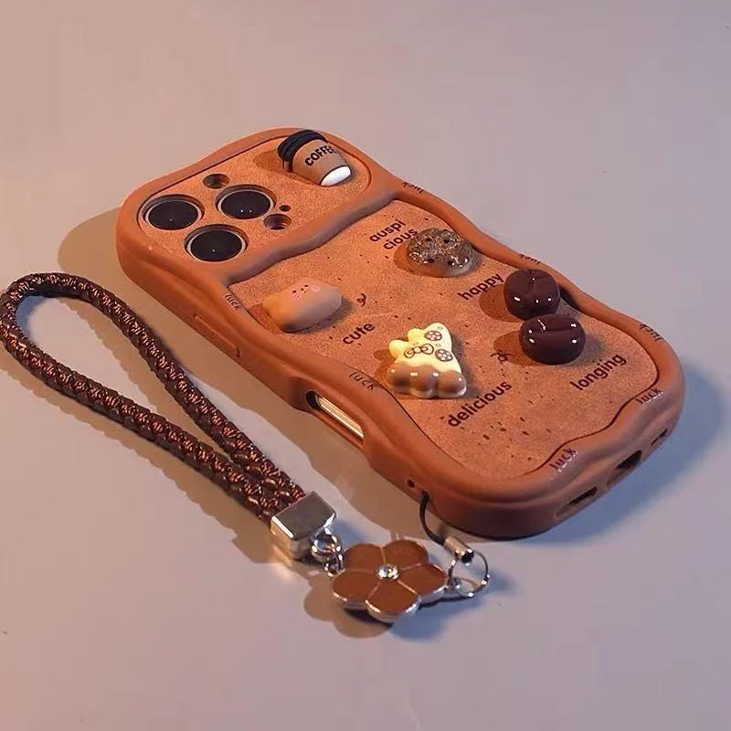 Suitable for Iphone 3D Cute Coffee Brown Wavy Edge Phone Case with Lanyard Soft Silicone Cover Perfect Gift for Girls Firends