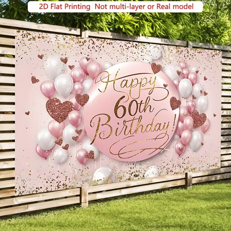 2D Glitter Pink 60th Birthday Backdrop for Women Celebration