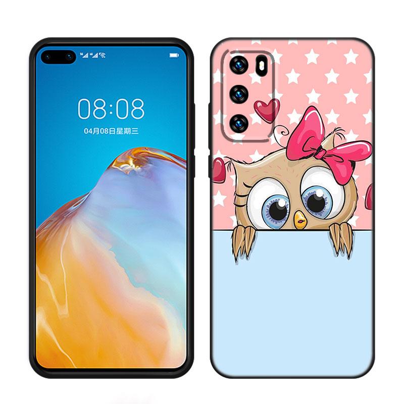 Lovely Animal Owl Black Silicone Phone Case For Huawei P10 P20 P30 P40 Lite P50 P60 Art P50E P Smart Z 2018 2020 2021 Pro 2019