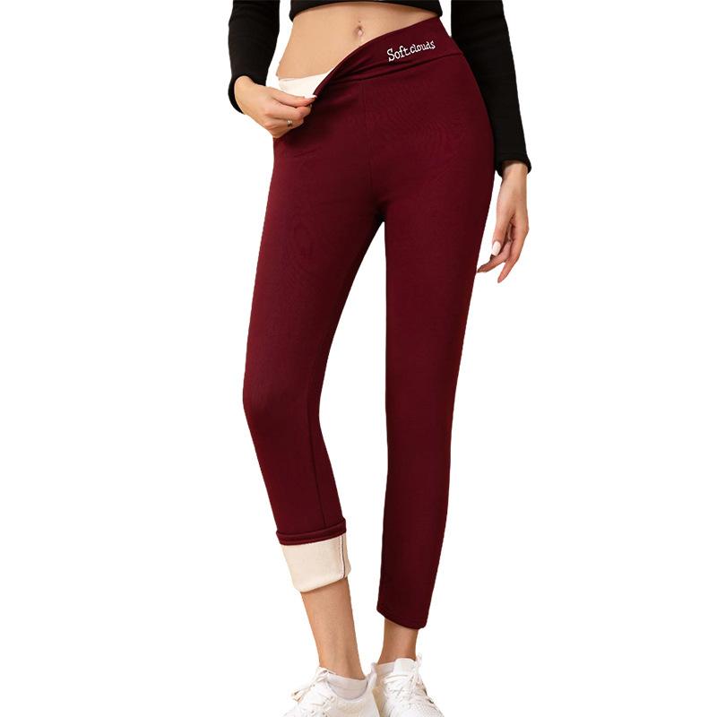 Fleece Lined Thick Sherpa Leggings Women Letter Embroidery Slim Fit Outdoor Wear Ankle Pants Warm Trousers