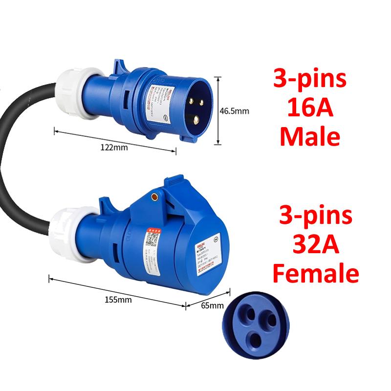 JIGU Industrial Plug Adapter Connector Single Phase Blue 32A 3 Pin Female to 16A 3 Pin Male 7kw to 3.5kw For EV Charging Adapter