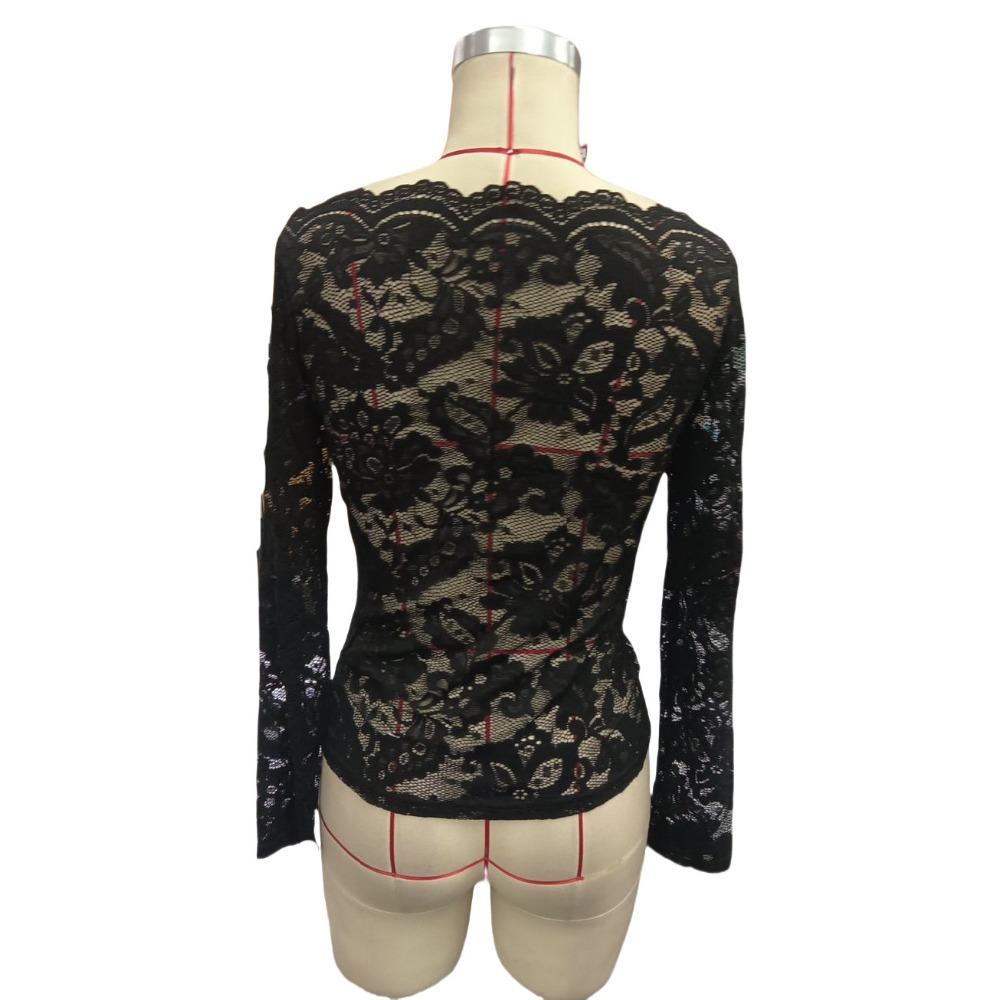 Женская футболка с фестончатым вырезом горловины и одним вырезом без бретелек с одним кружевом и длинным рукавом