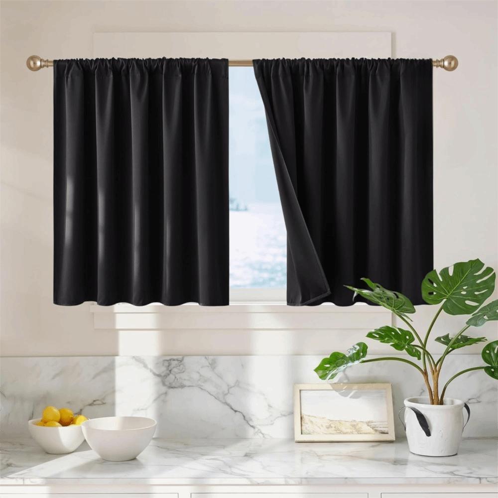 2PCS Solid Color Kitchen Short Curtain Through-rod Design Cabinet Curtain  Fireplace