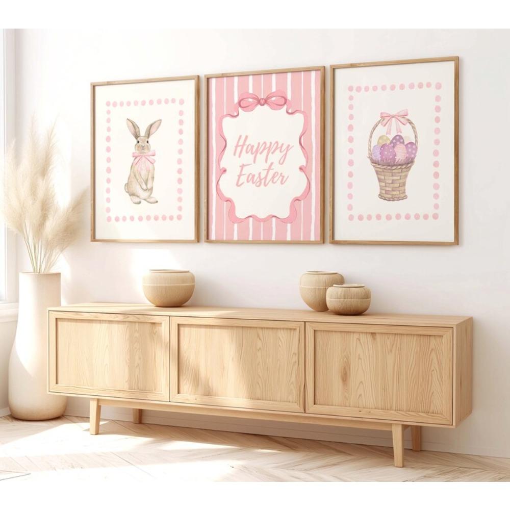 Frameless Whimsical Happy Easter Art Prints, Cute Spring Art Prints, Pink Striped Fashion Easter Decorations, Digital Download