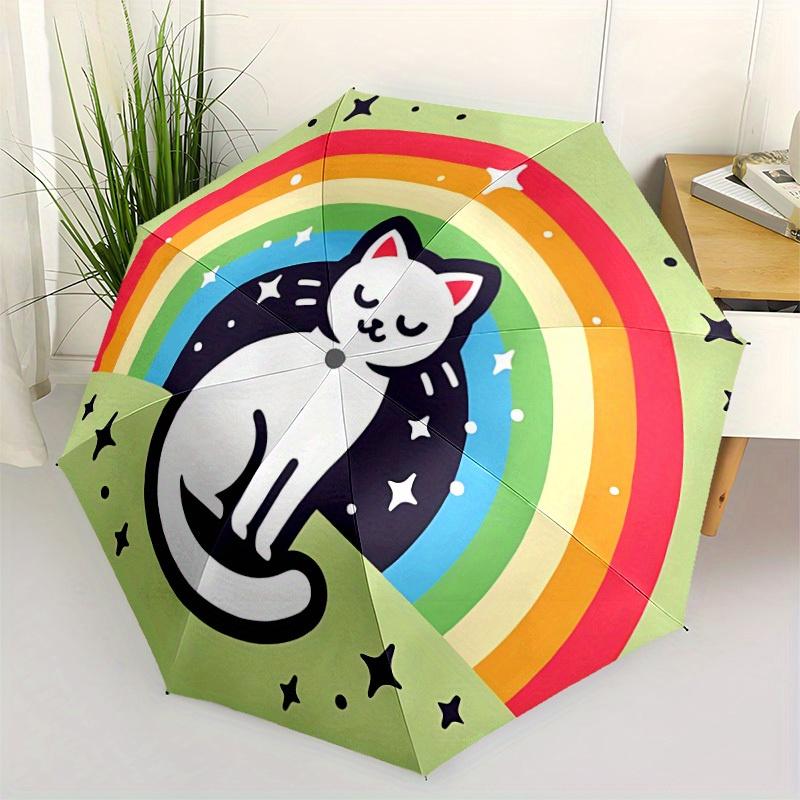1pc Rainbow Cat Automatic Folding Umbrella Portable Collapsible Design, 8-Rib Iron Frame, Durable Fabric, All-Season Casual Outdoor 175