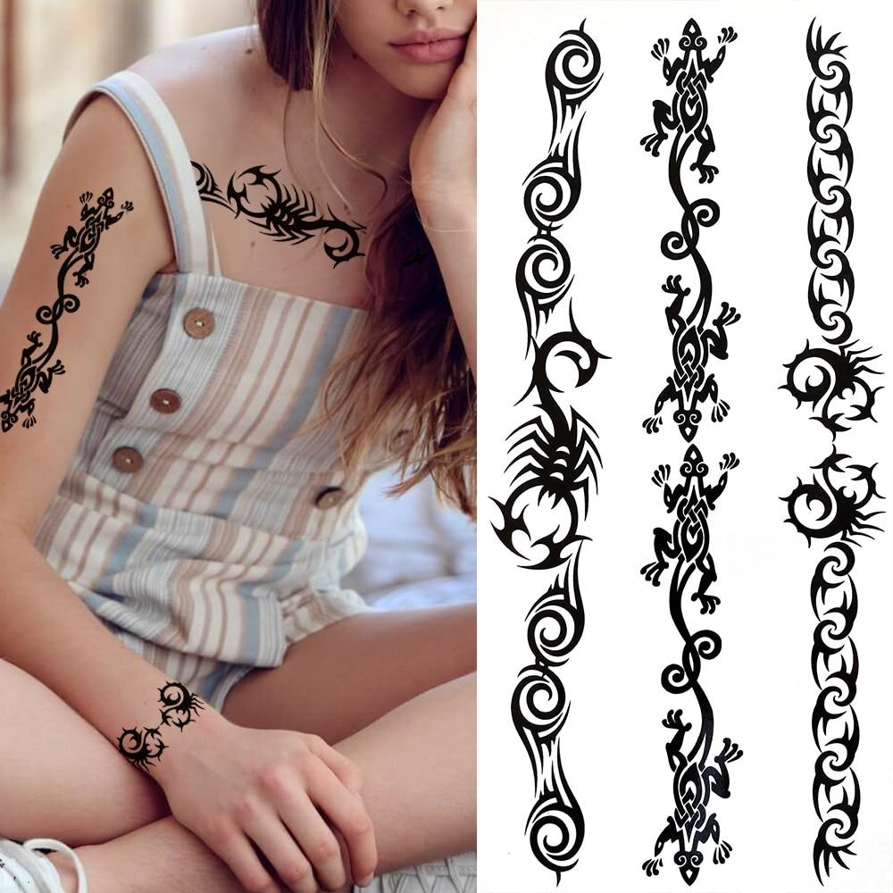 Временные татуировки в стиле скорпиона для женщин и мужчин, черный дракон, бабочка, татуировка из хны, наклейка, поддельные шипы, переносные татуировки на лодыжке