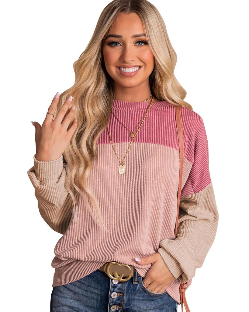 Azura Exchange Розовый цветной блок длинный рукав ребристый свободный топ