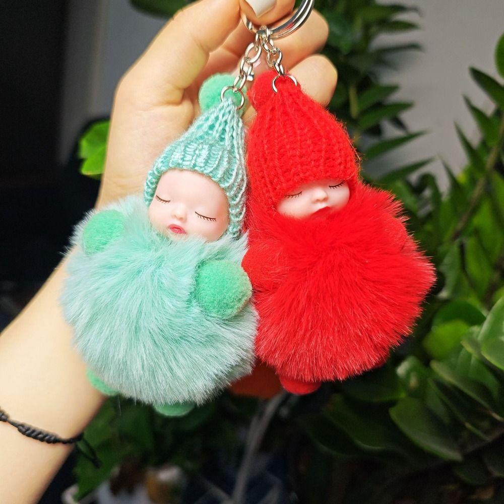 Вязаная шапка с помпоном для спящего ребенка, брелок для ключей с помпоном для спящего ребенка, однотонный брелок для сумок с подвеской