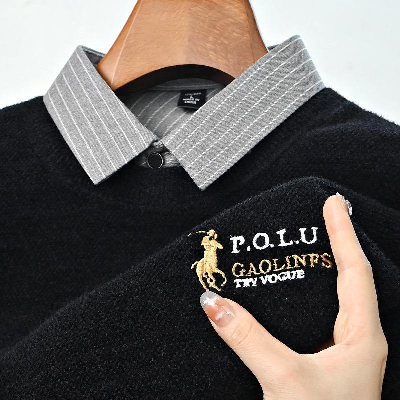 TrendHub Дизайнерское Качество Мужской Лацкан Поддельный Двойка Длинный Рукав Новая Вышивка Футболка Мода Бизнес Мужская Одежда