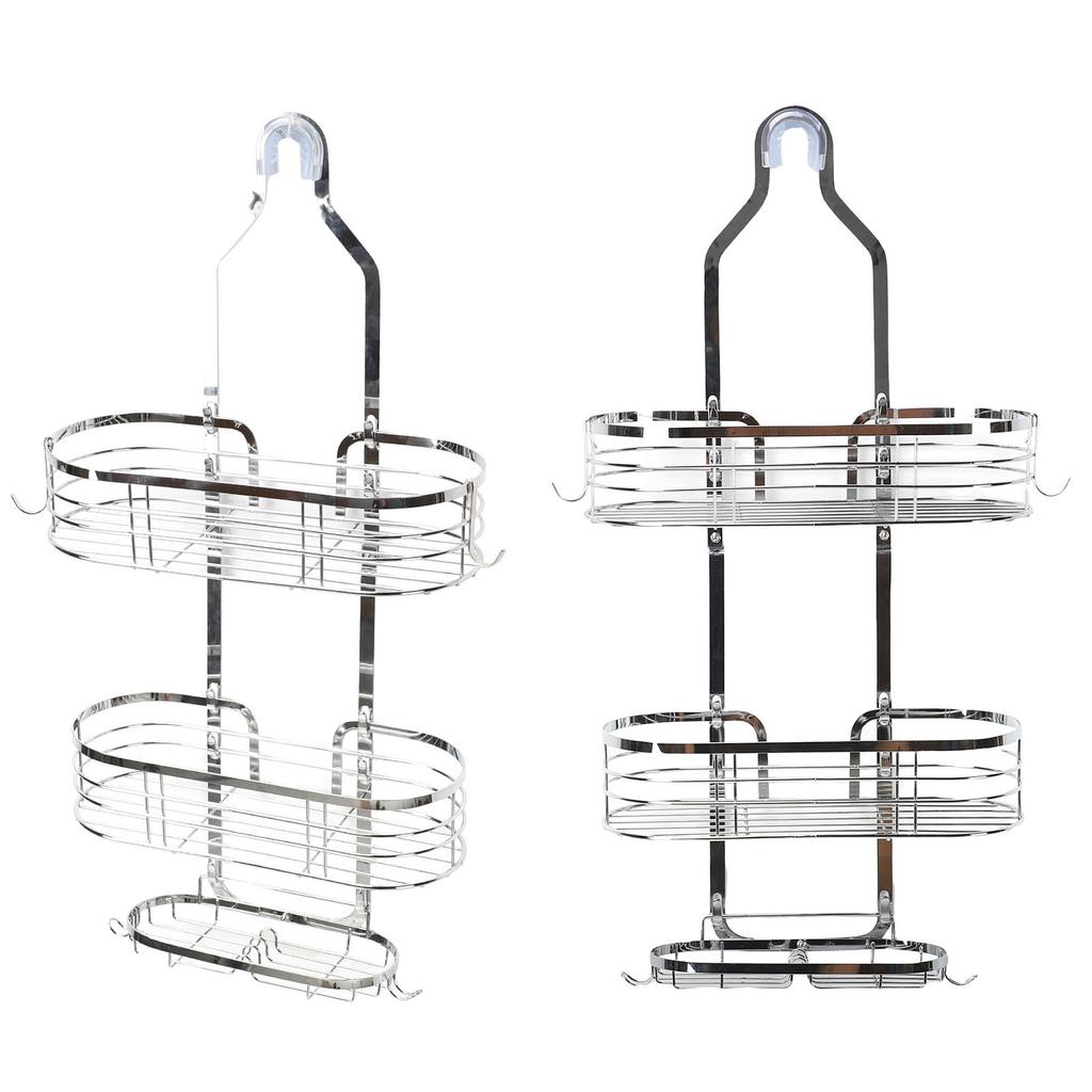 Shower Caddy Hanging Over Head Iron Bathroom Organizer Shelves with Soap Holder 2 Hooks for Towels Sponge Silver