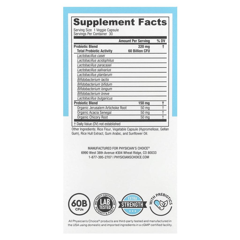 Physician's Choice 60 Billion Probiotics, Delayed Release Veggie Caps, 30