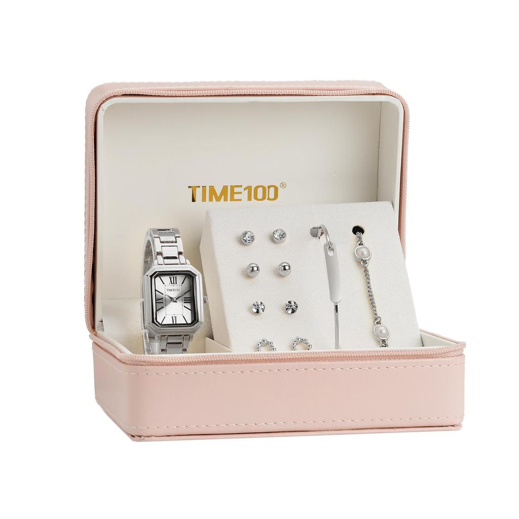 Подарочный набор Подарок Дамский браслет и серьги Подарочная упаковка [TIME100] Часы, (Серебряный)