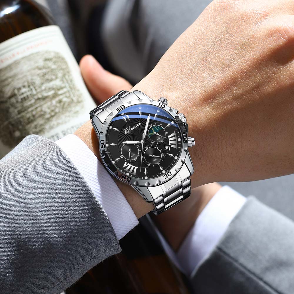 CHENXI Men's Multifunctional Watch Waterproof Luminous Calendar Business Steel Luxury Men's Square Quartz Watch Male Clock