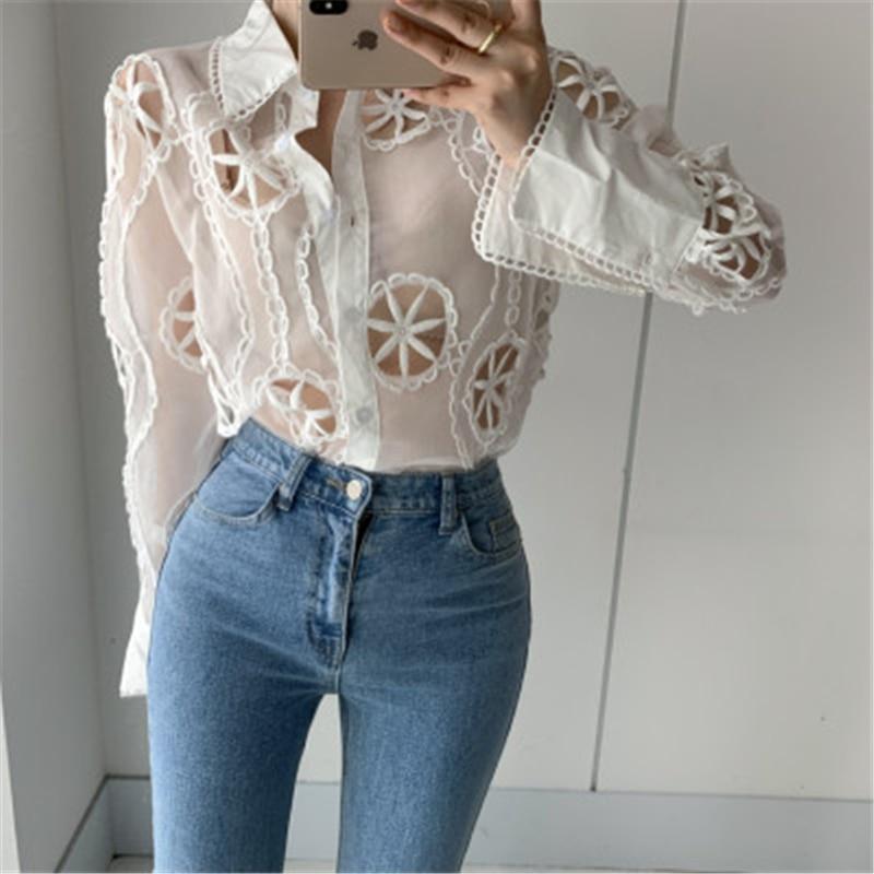 RUGOD Летняя сексуальная женская рубашка из органзы с вышивкой лепестков Spirng, качественная женская рубашка с вырезами, женские топы, модные шикарные женские блузки 2020