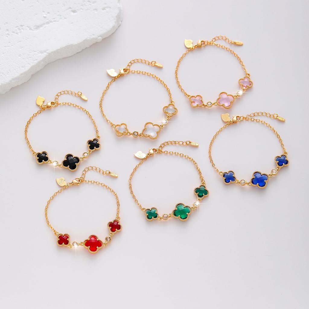 Двусторонний браслет-клевер женский медный с золотым покрытием и цирконом, цветочные украшения