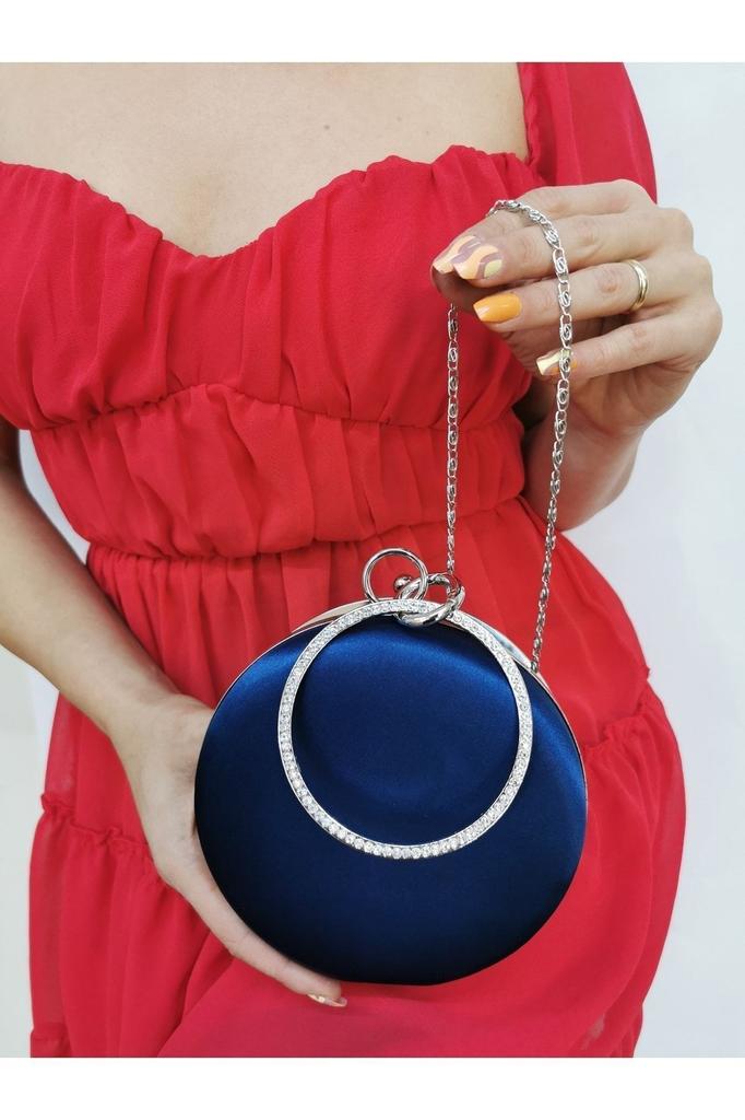 Women's Stylish and Useful Evening Dress Bag Women's Satin Saks Blue Round Evening Dress Clutch Portfolio Bag
