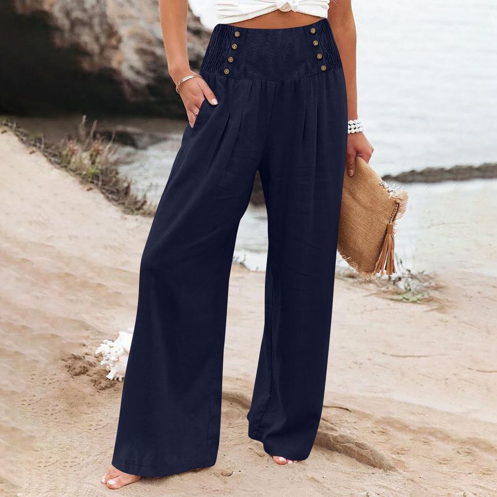 Summer Cotton Linen Wide Leg Pants Women Loose Palazzo Pant Pocket Elastic Waist Button Casual Pants