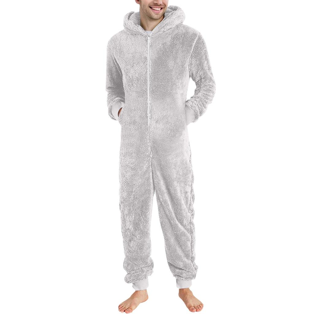Men's Solid Color Long Sleeve Hooded Pocket Zipper Plush Warm Jumpsuit Warm Pajamas