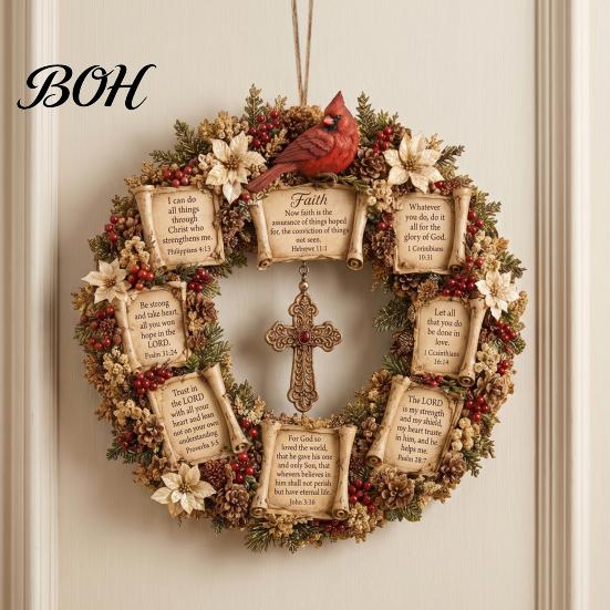 Spiritual Home Ornaments Christian Bible Verse Christmas Wreath, Pine Cones Decor, Religious Faith Hope Love Decor Scripture Wreath for Front