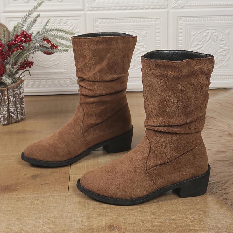 2024 Новые популярные универсальные женские ботинки плиссированные универсальные замшевые темпераментные модные ботинки с круглым носком Zapatos De Mujer