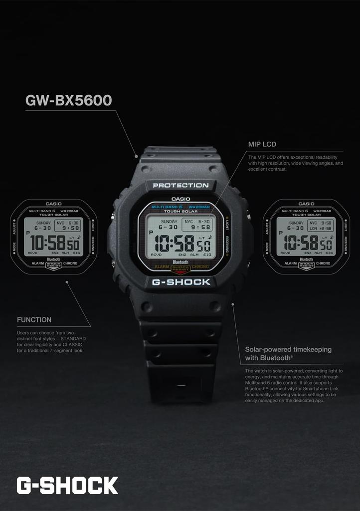 Casio G-SHOCK GW-BX5600-1JF, Tough Solar, Связь со смартфоном через Bluetooth, Высококонтрастный MIP ЖК-дисплей, Экологичный биоматериал
