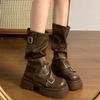 Brown Versatile Thick-soled Heightening Martin Boots Women's New Autumn Retro Belt Buckle Fashion Boots