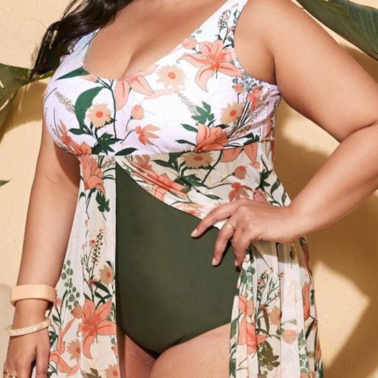 Женский летний купальник большого размера с U-образным вырезом, без рукавов, с растительным принтом, с разрезом по низу, цельный, контролирующий живот, быстросохнущий, пляжная одежда EMA