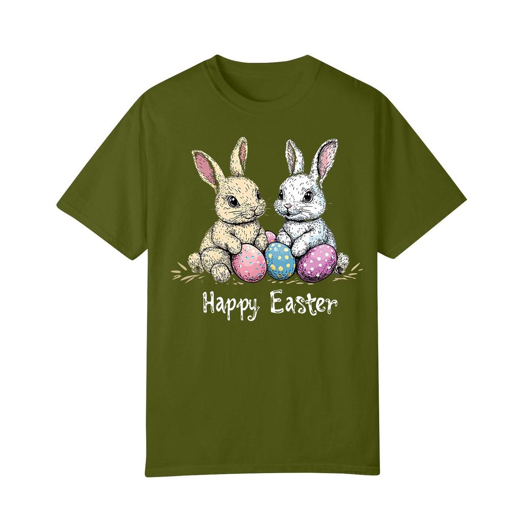 Happy Easter Women's Fashion Printed Round Neck Short Sleeve T-Shirt Pullover Top