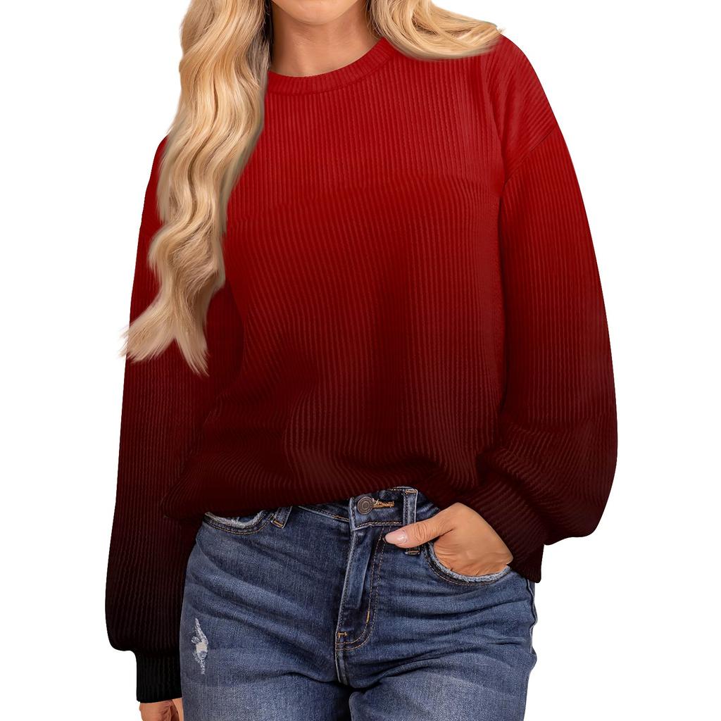 Женские повседневные свободные туники, топы с круглым вырезом, трикотажные ребристые рубашки с принтом, длинный рукав, пуловер, топ