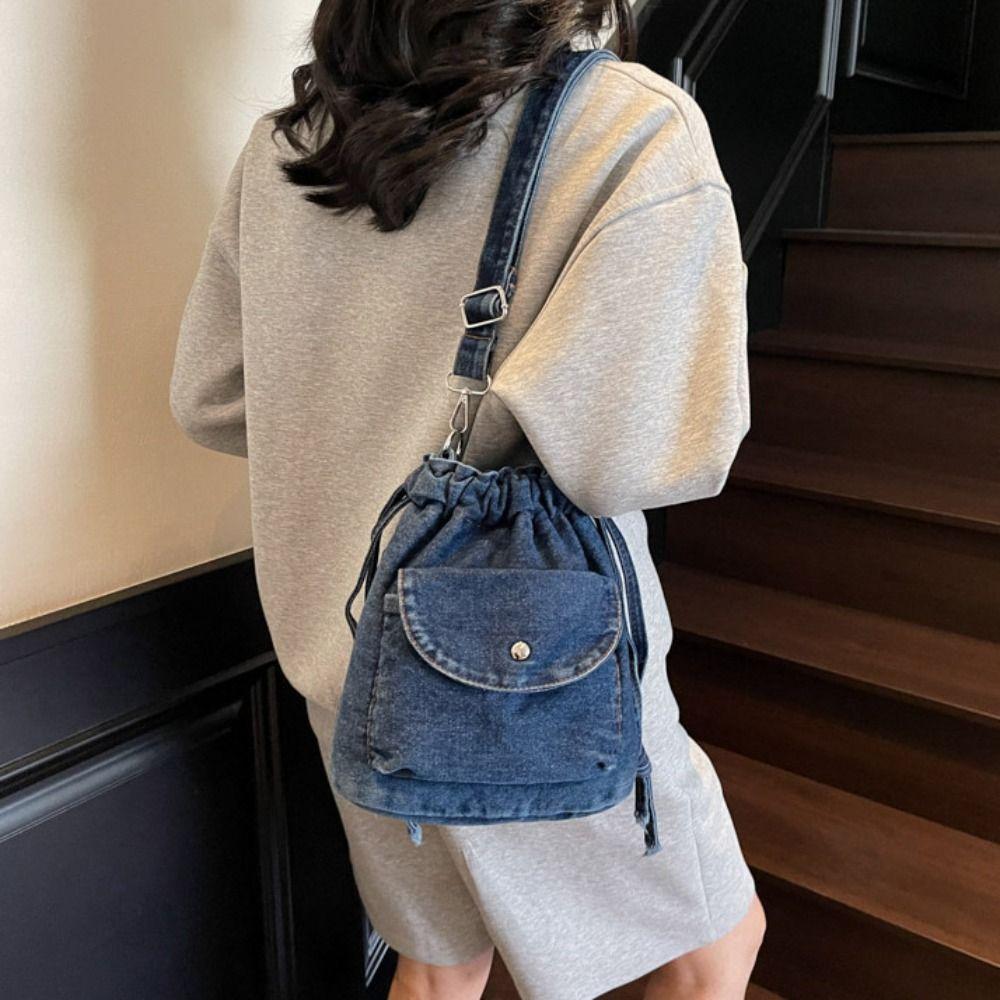 Crossbody Bag Drawstring Bucket Bag Korean Style Mobile Phone Bag Retro Denim Shoulder Bag Women