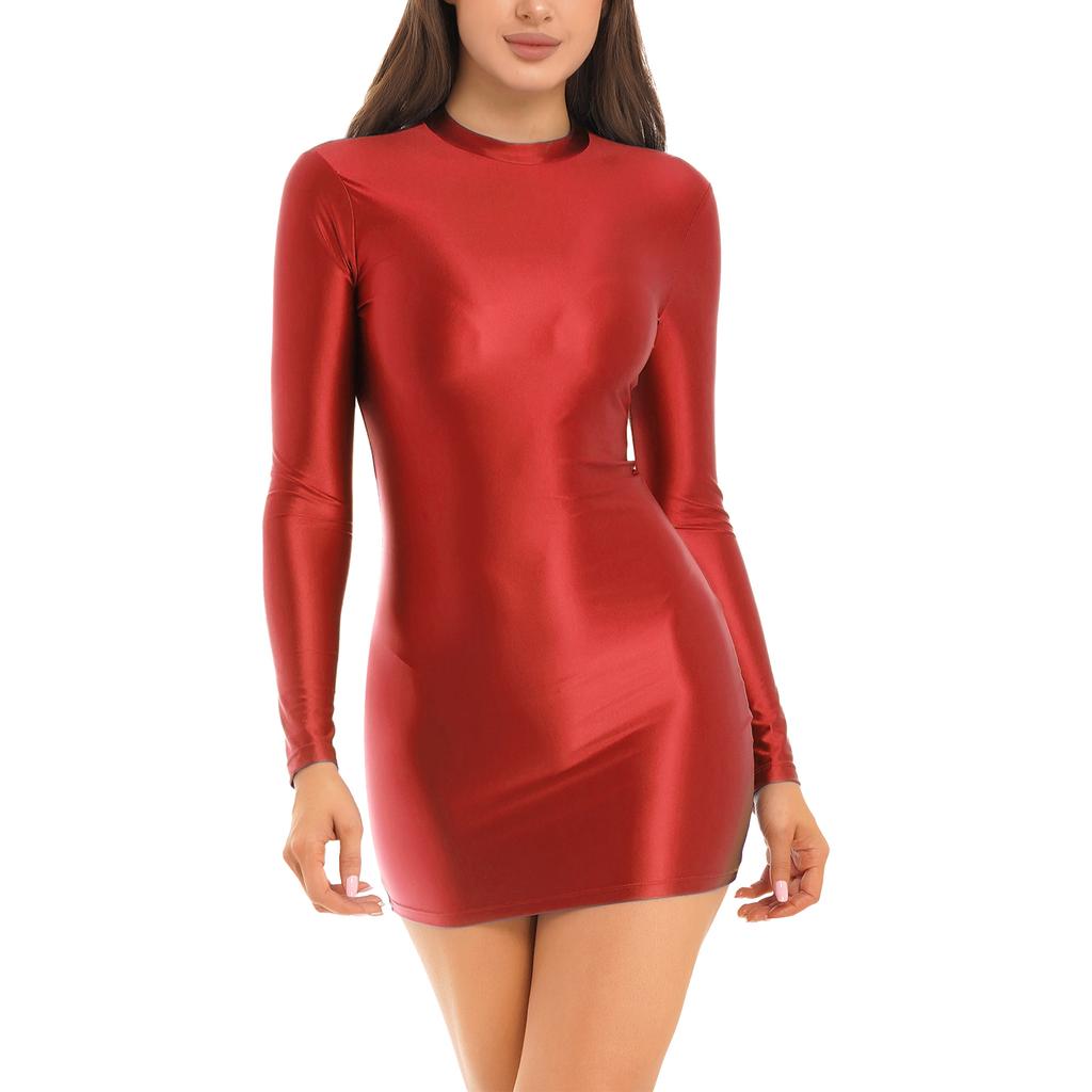 Womens Glossy Long Sleeve Bodycon Dress Nightwear Solid Color Smooth Stretchy Mock Neck Tight Dresses