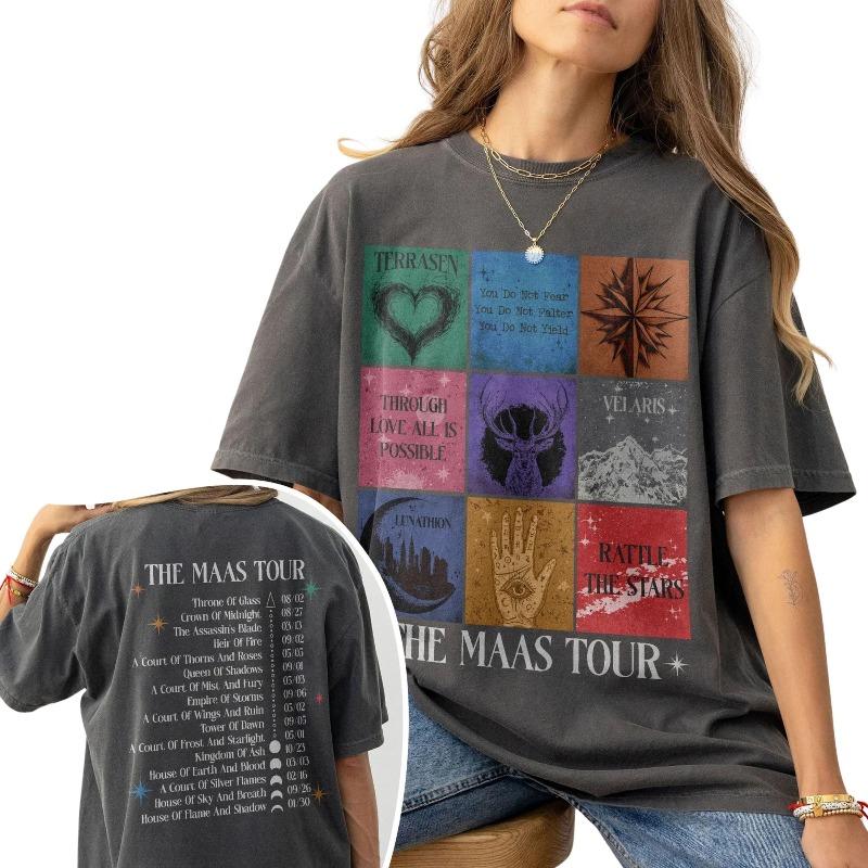 Сара Дж. Маас SJM Мерч Мировой Тур Футболка Престол Стекла Атрибутика Фаната Сумерки Мода Повседневный Комфорт Хлопковые Футболки
