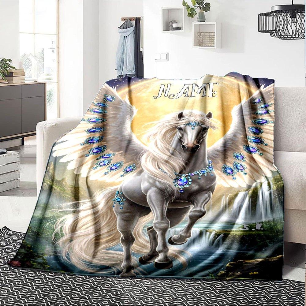 Flying Horse With Name Design Home Customize Your Name Blankets Soft Lightweight And Cozy For All Seasons Perfect For Picnics Sofa Office Bed Living