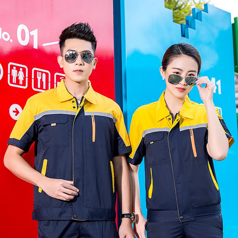 Летний рабочий комплект: Легкий дышащий топ и вышитый инженерный комбинезон для авторемонта.