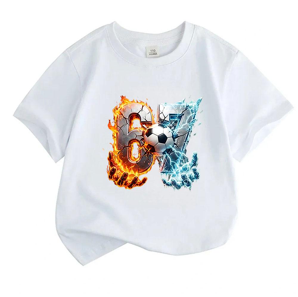 Kids Boys Girls 100% Cotton Crew Neck Short Sleeve T-Shirt, Cool Fire Ice 67 Soccer Football Graphic Casual Soft Summer Tee for Children Daily Wear
