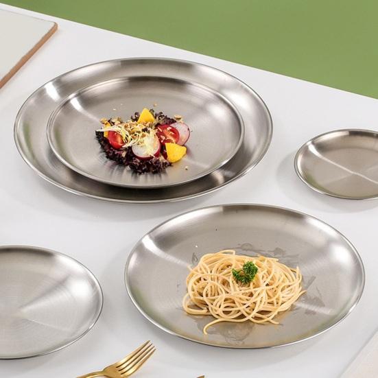 Обеденные тарелки из нержавеющей стали, круглые утолщенные тарелки для салата, домашняя кухня, барбекю, сервировочная тарелка для салата, посуда