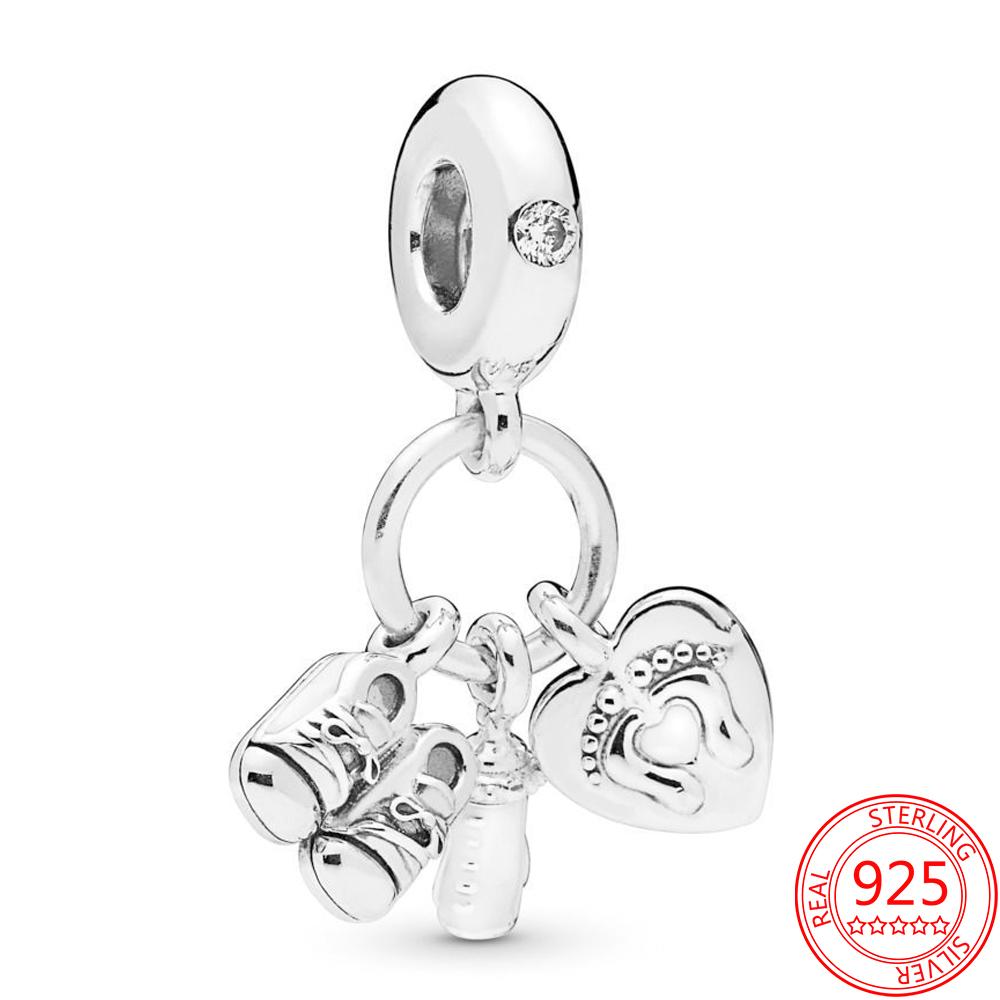 Real 925 Sterling Silver Baby Bottle and Shoe Dangle Charms Fit Original Fashion Bracelets Exquisite Gifts