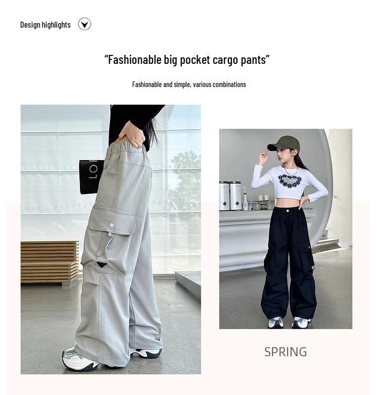 Девочковые брюки карго - Новый стиль 2025, Весна и Осень, Свободные прямые штанины для детей среднего и старшего возраста, Идеально подходят для танцев и летней носки.