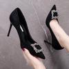 Spring Autumn New Versatile Pointed Thin High Heels Women Mid Heeled Pumps Square Buckle Elegant Black High Heels Shoes Womens