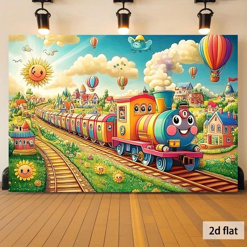 2D 1 piece of colorful train-themed park background fabric suitable for bedroom and office background usage