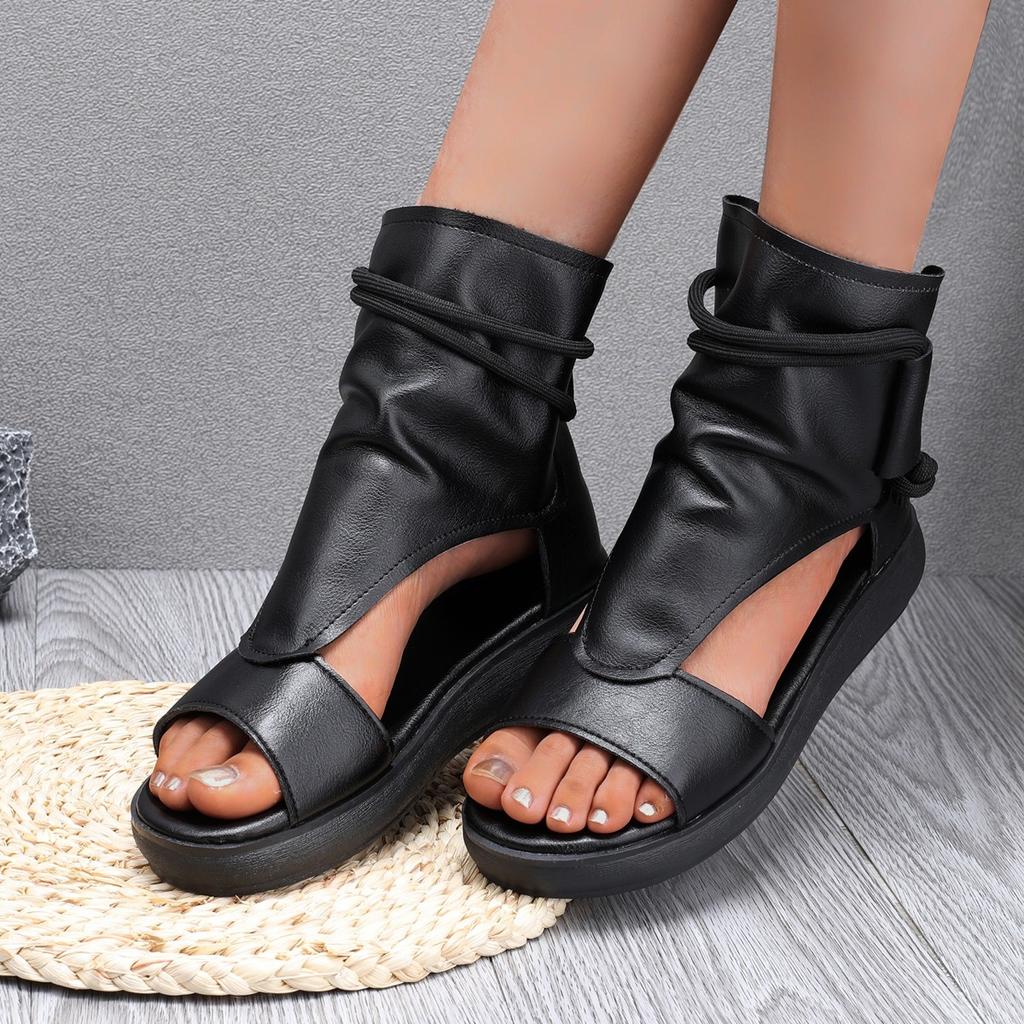 Мода Новые Новые женские винтажные PU кожаные крутые ботинки Модные женские сандалии Летние туфли на среднем каблуке на танкетке Sandalias Mujer Sapato Feminino