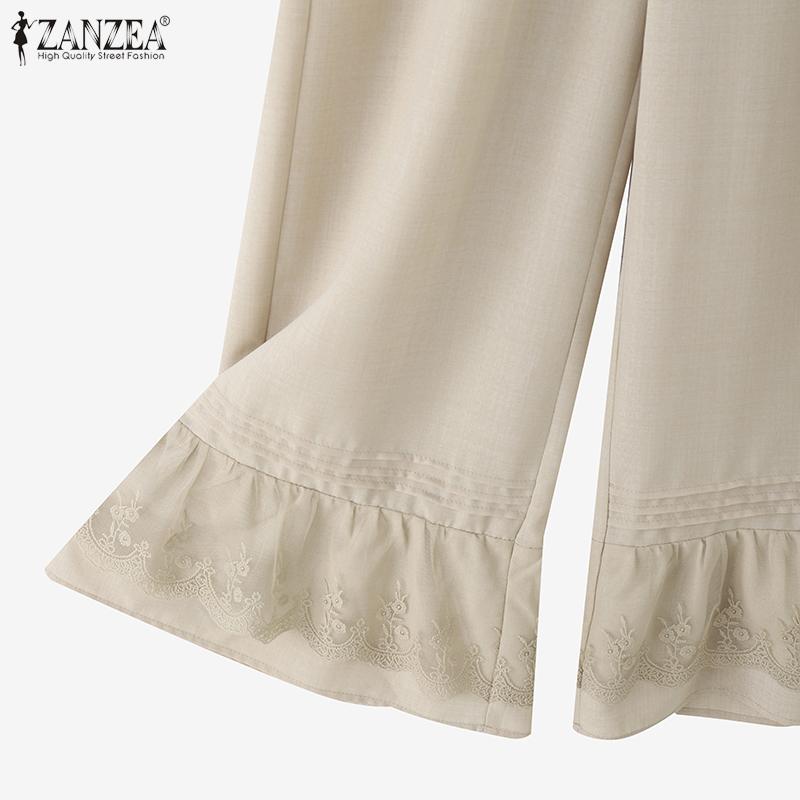ZANZEA Женские повседневные брюки свободного кроя с эластичной талией и кружевной отделкой