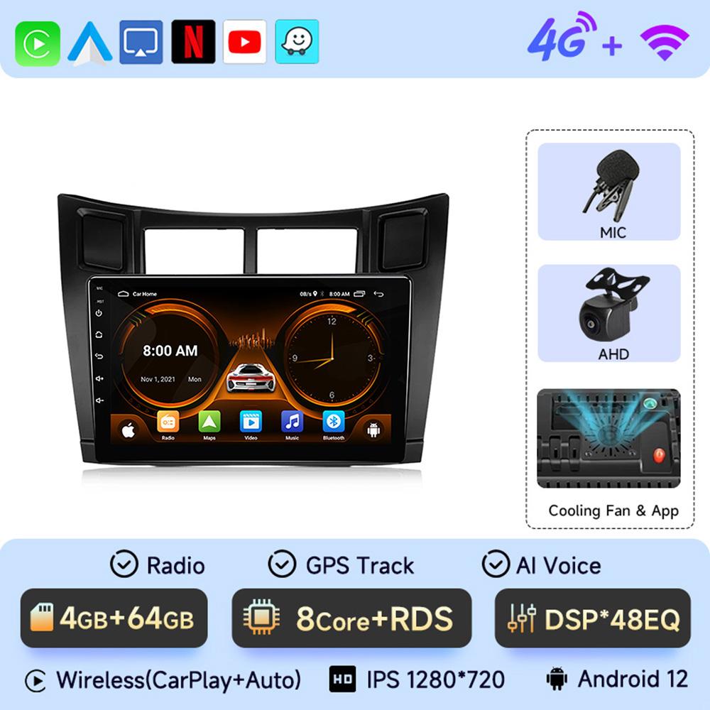 2 Din Автомагнитола Мультимедийный плеер Для Toyota Yaris 2005-2012 Android 12 4G GPS WIFI Навигация Стерео Головное устройство Carplay 4